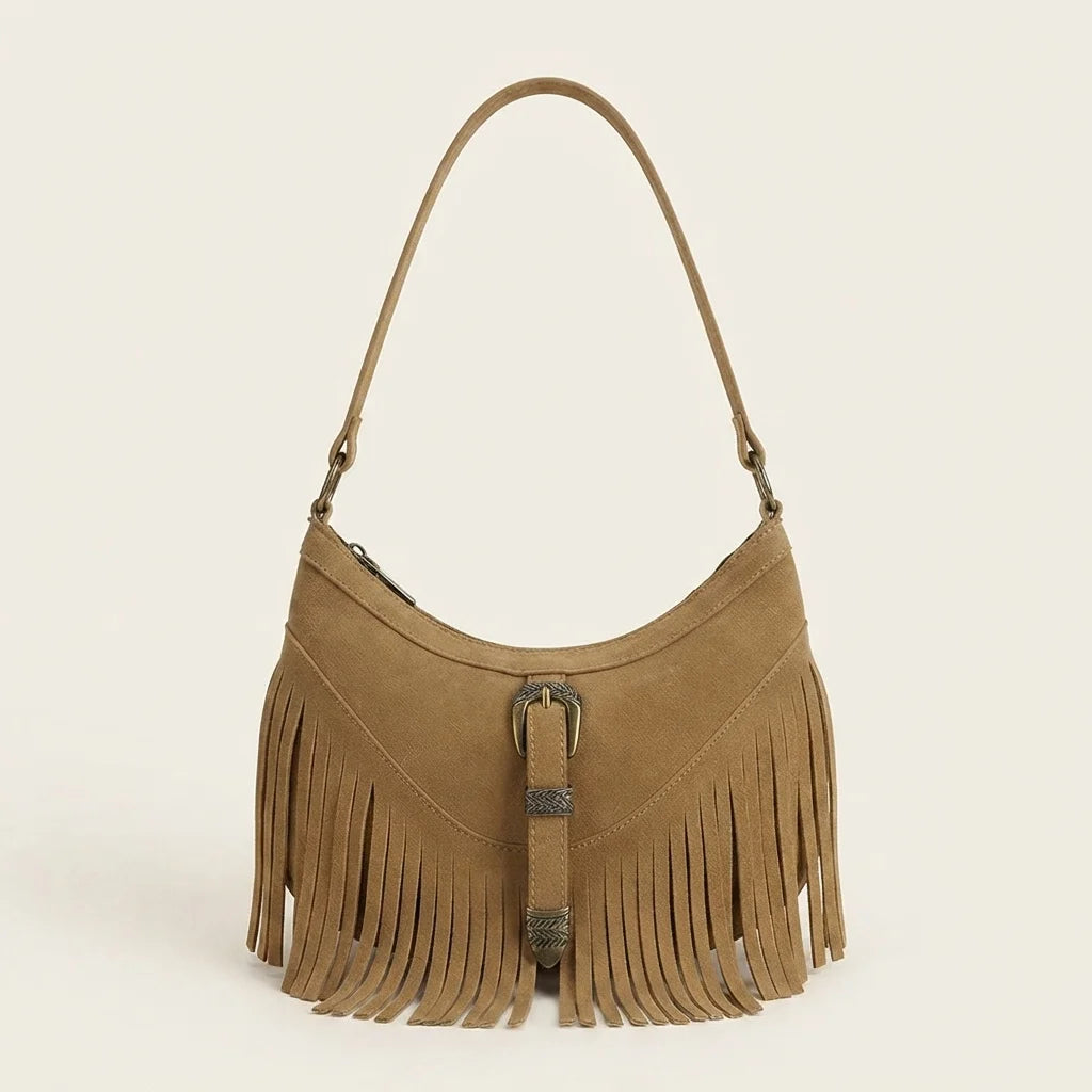 Khaki fringe sling bag, front view