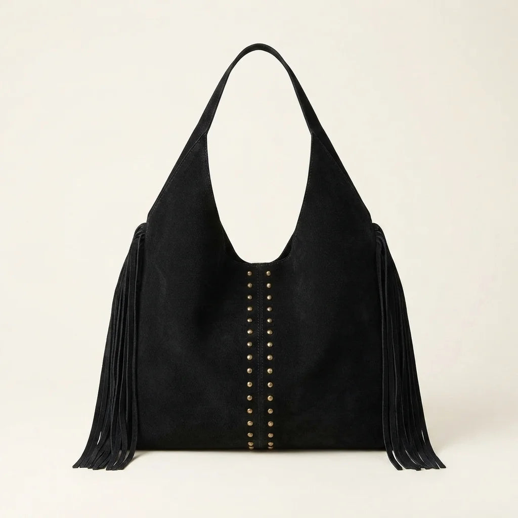 Black fringe studded bag, front view