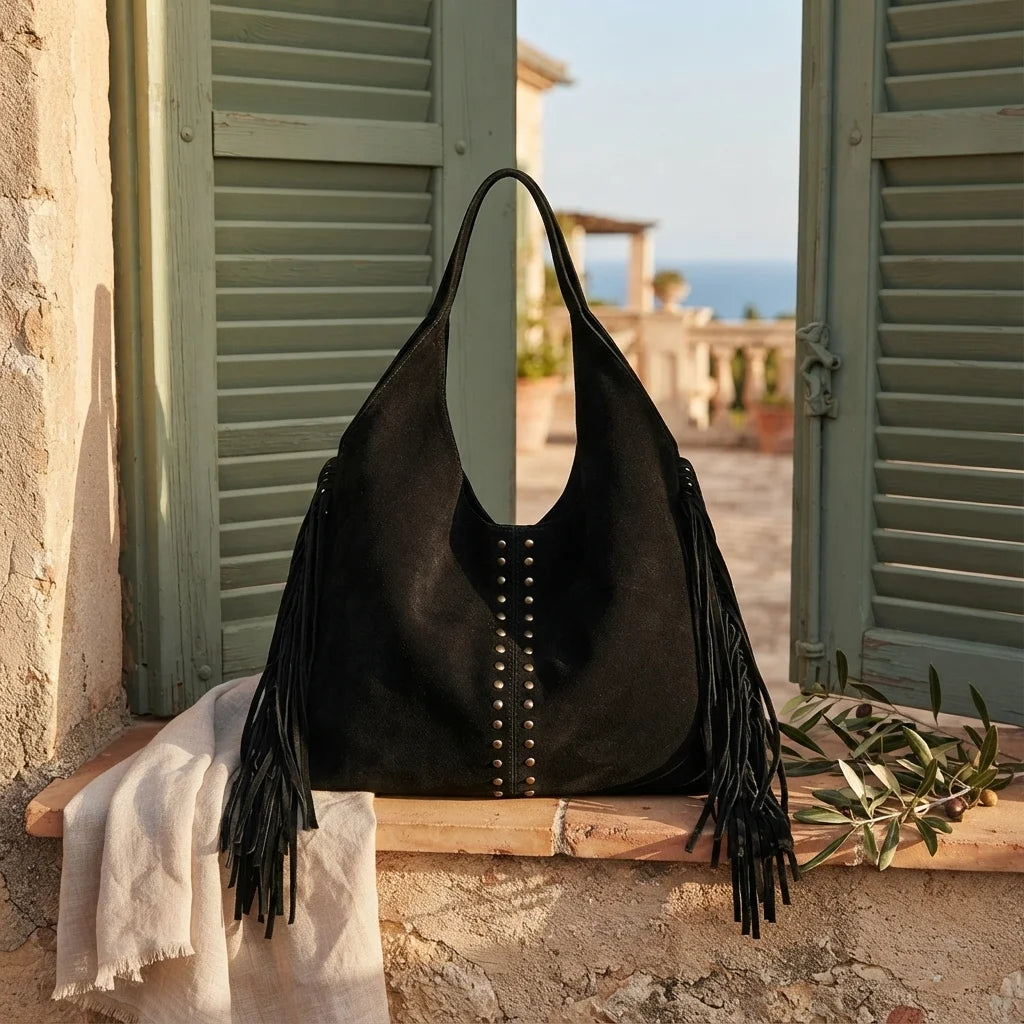 Black fringe studded bag styled in a warm Mediterranean setting