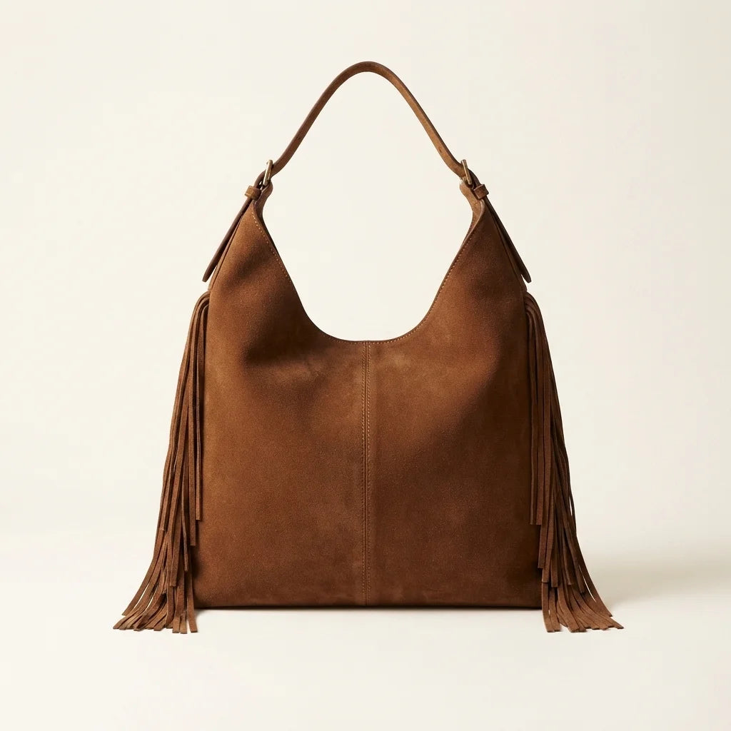 Back panel of Brown fringe studded bag with strap attachments