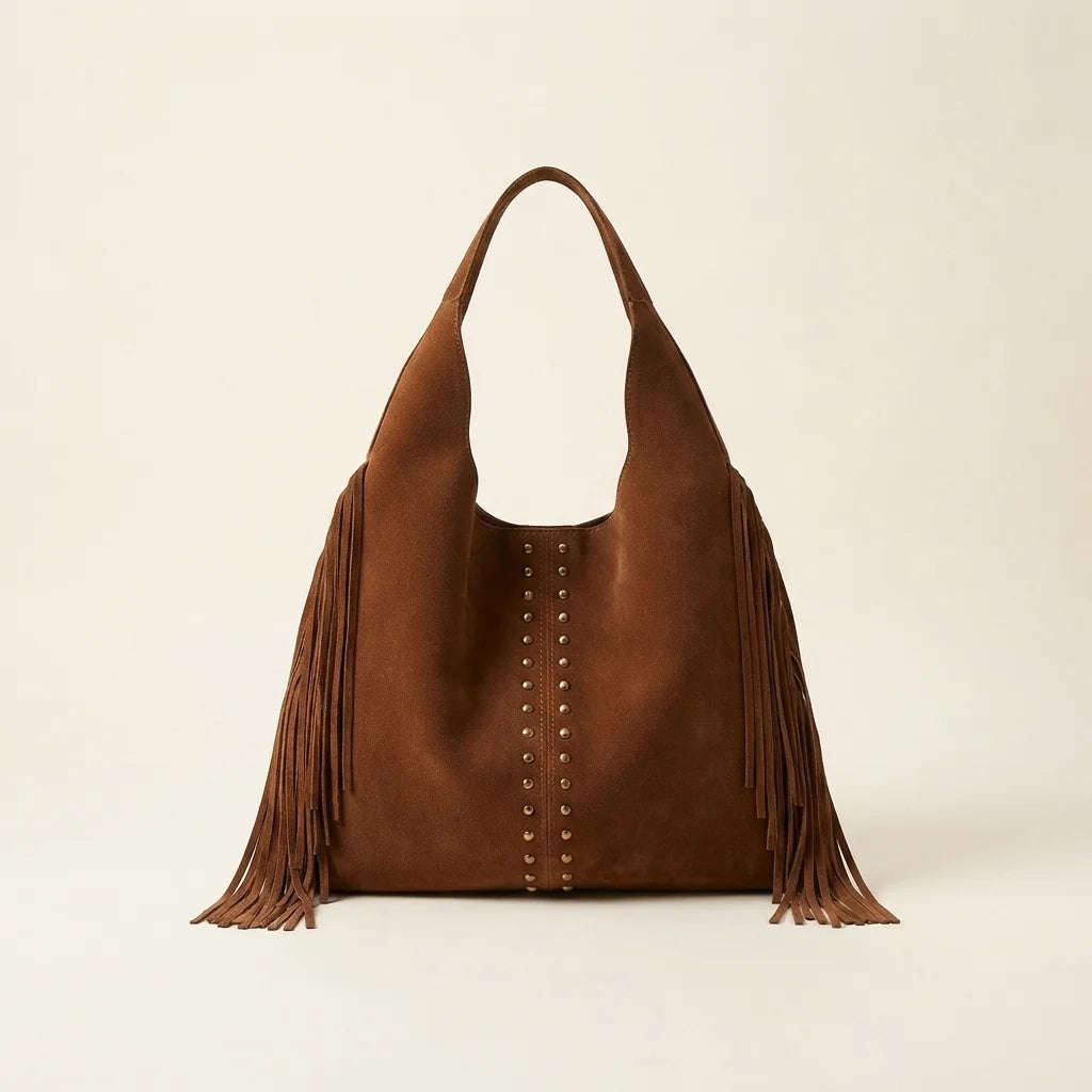 Brown fringe studded bag, front view