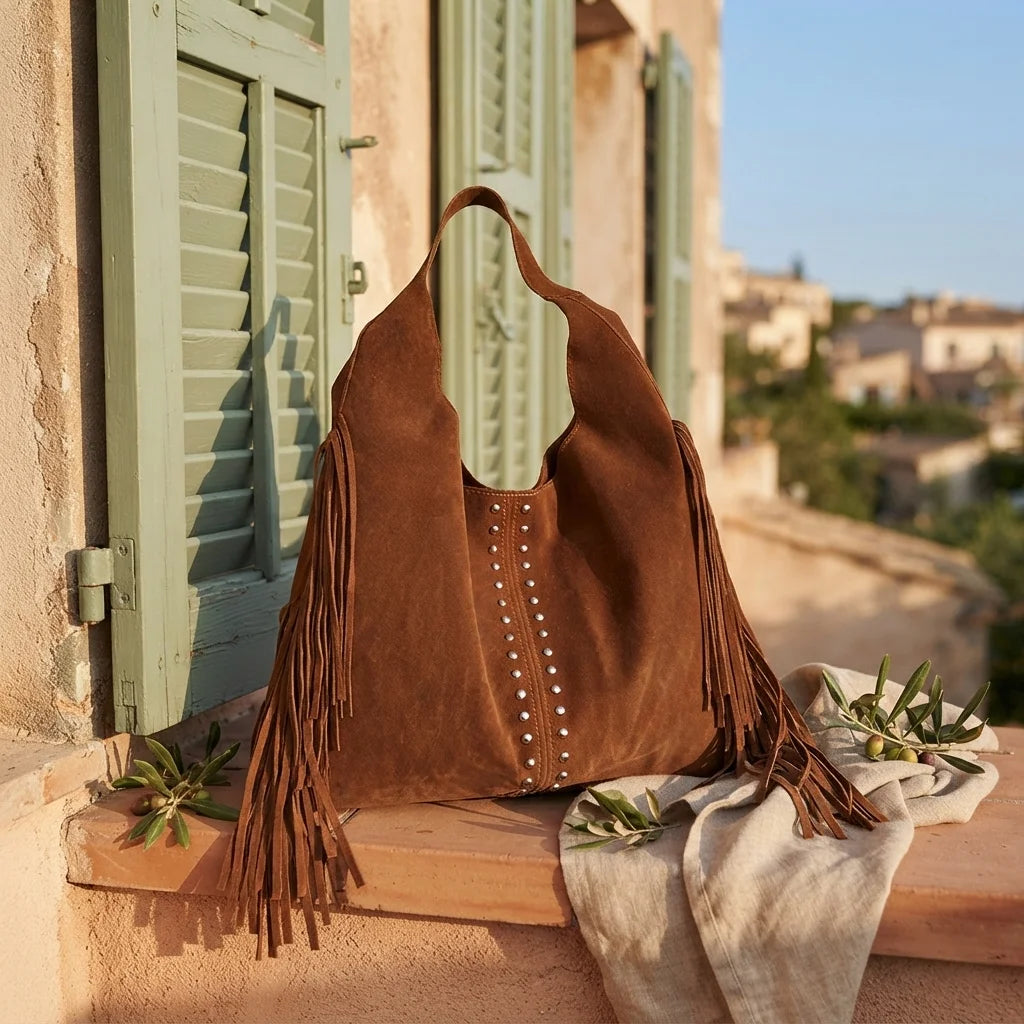 Brown fringe studded bag styled in a warm Mediterranean setting