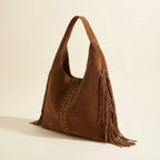 Brown fringe studded bag, three-quarter angle showing side depth