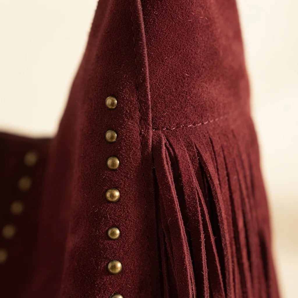 Close-up of fringe stitching and texture on Burgundy fringe studded bag