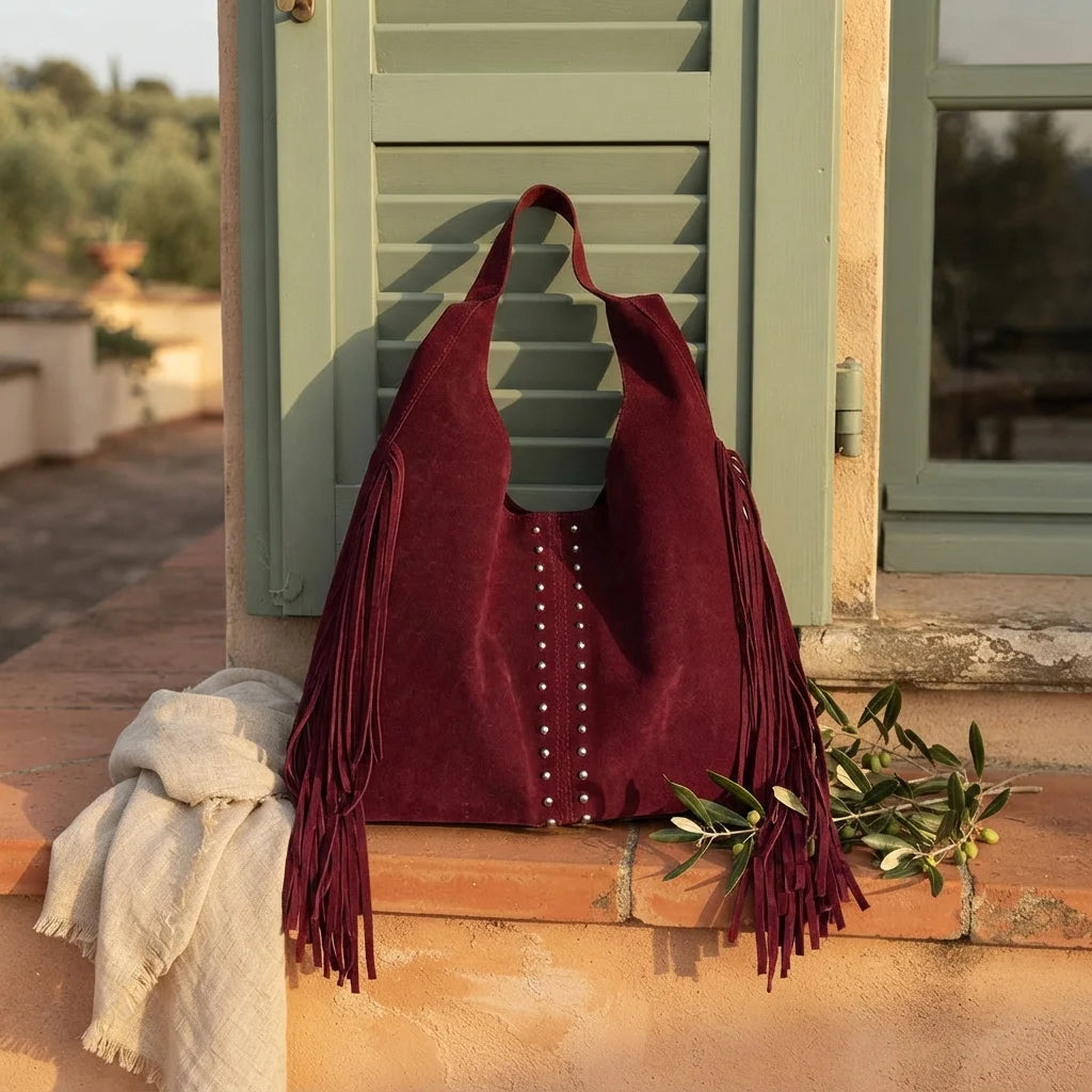 Burgundy fringe studded bag styled in a warm Mediterranean setting