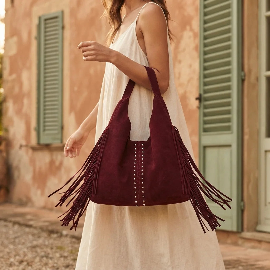 Woman wearing Burgundy fringe studded bag with swaying fringe