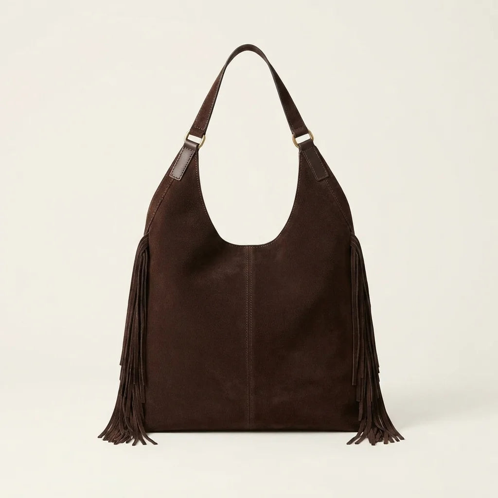 Back panel of Coffee fringe studded bag with strap attachments