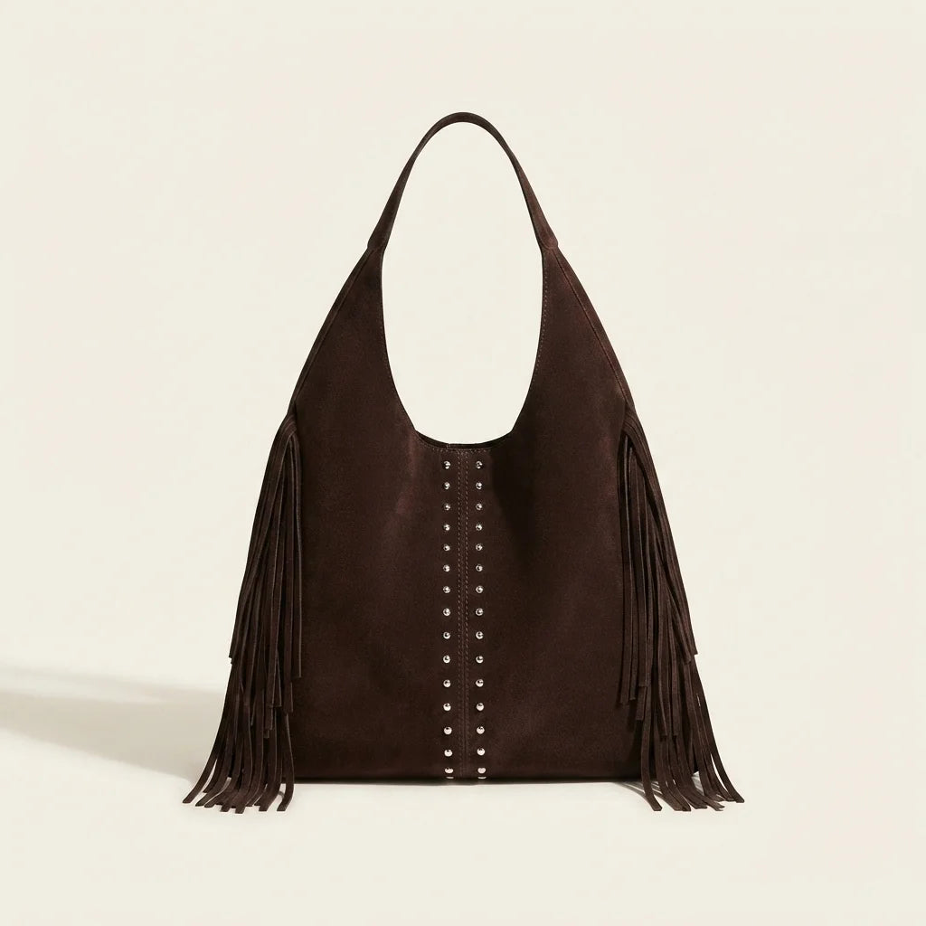 Coffee fringe studded bag, front view