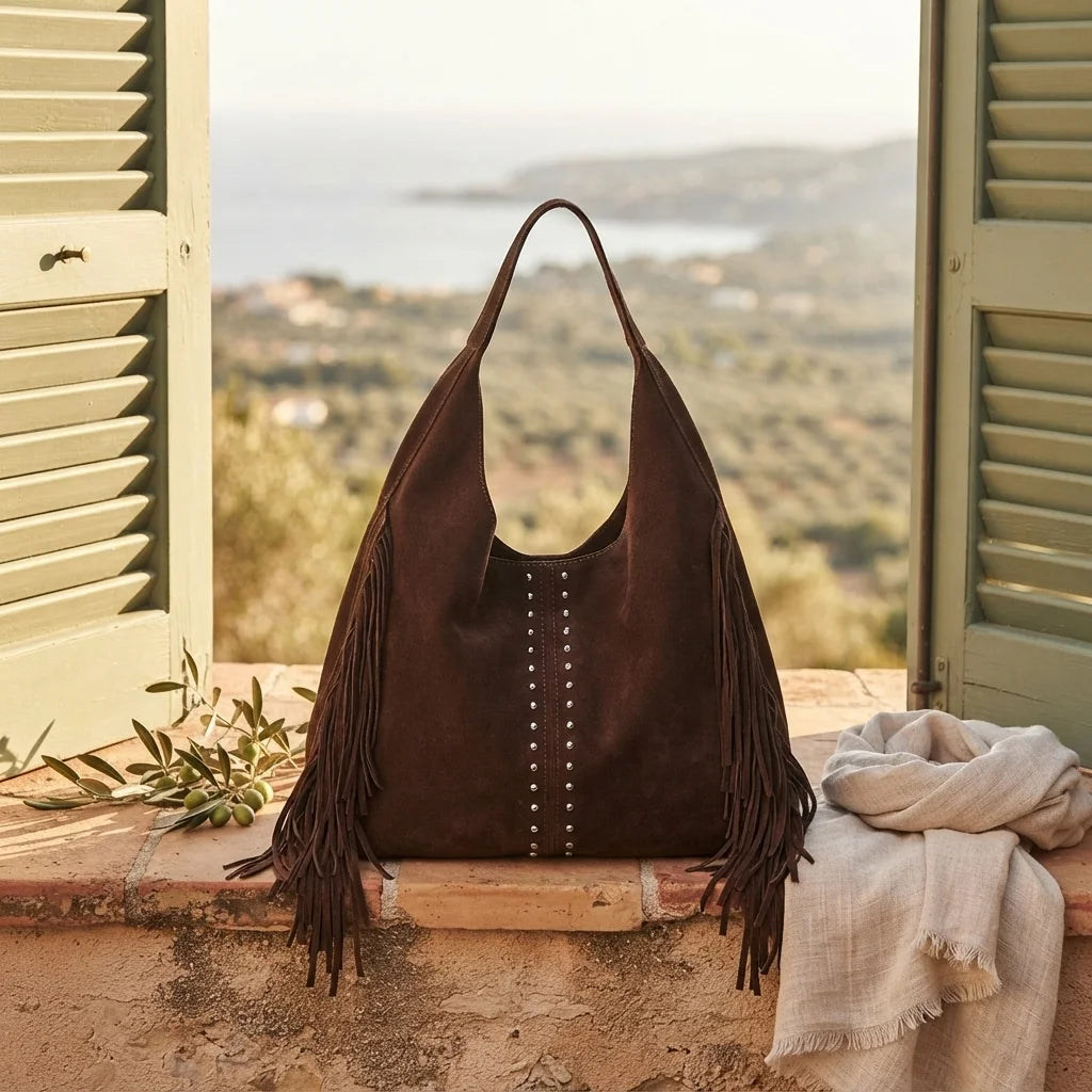 Coffee fringe studded bag styled in a warm Mediterranean setting