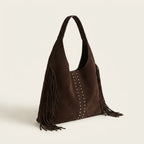 Coffee fringe studded bag, three-quarter angle showing side depth