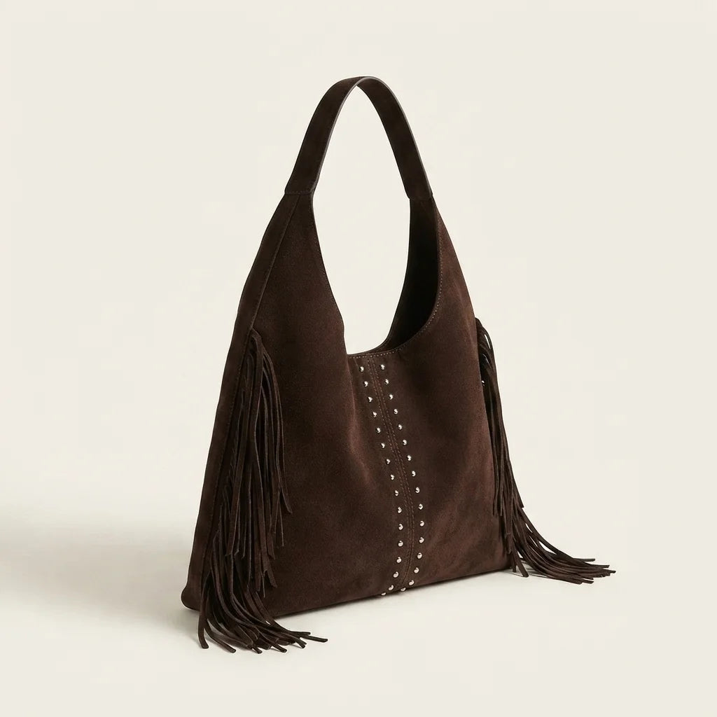 Coffee fringe studded bag, three-quarter angle showing side depth