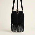 Back panel of Black fringe suede belt bag with strap attachments