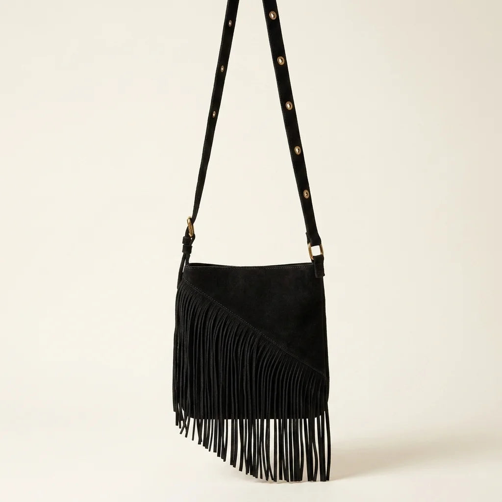 Black fringe suede belt bag, front view