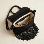 Interior lining and pockets of Black fringe suede belt bag