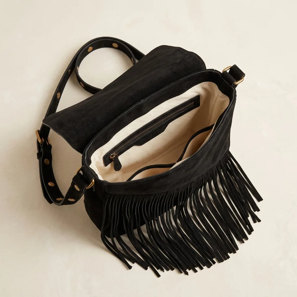 Interior lining and pockets of Black fringe suede belt bag