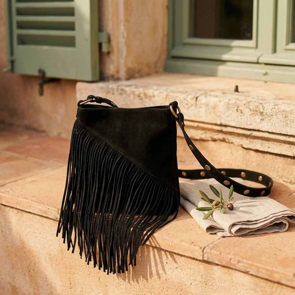 Black fringe suede belt bag styled in a warm Mediterranean setting