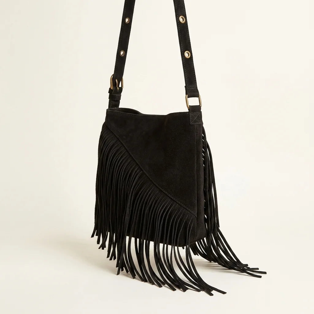 Black fringe suede belt bag, three-quarter angle showing side depth