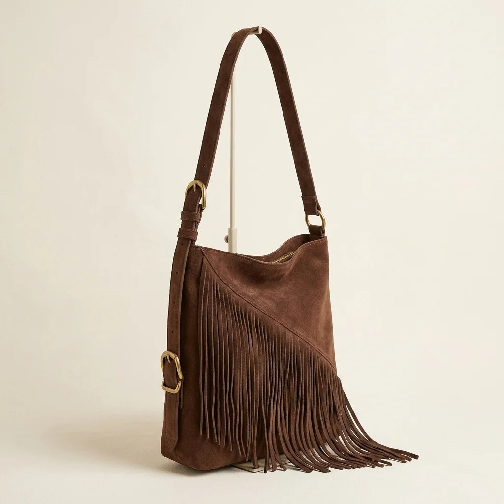 Brown fringe suede belt bag, three-quarter angle showing side depth