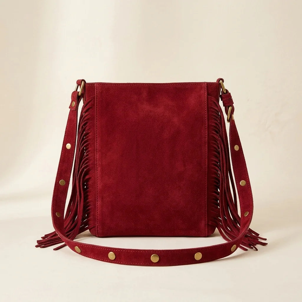 Back panel of Red fringe suede belt bag with strap attachments
