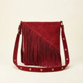 Red fringe suede belt bag, front view