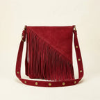 Red fringe suede belt bag, front view