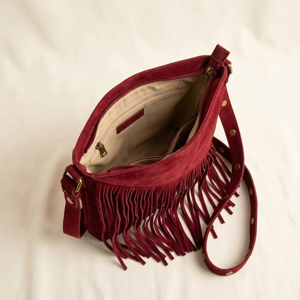 Interior lining and pockets of Red fringe suede belt bag