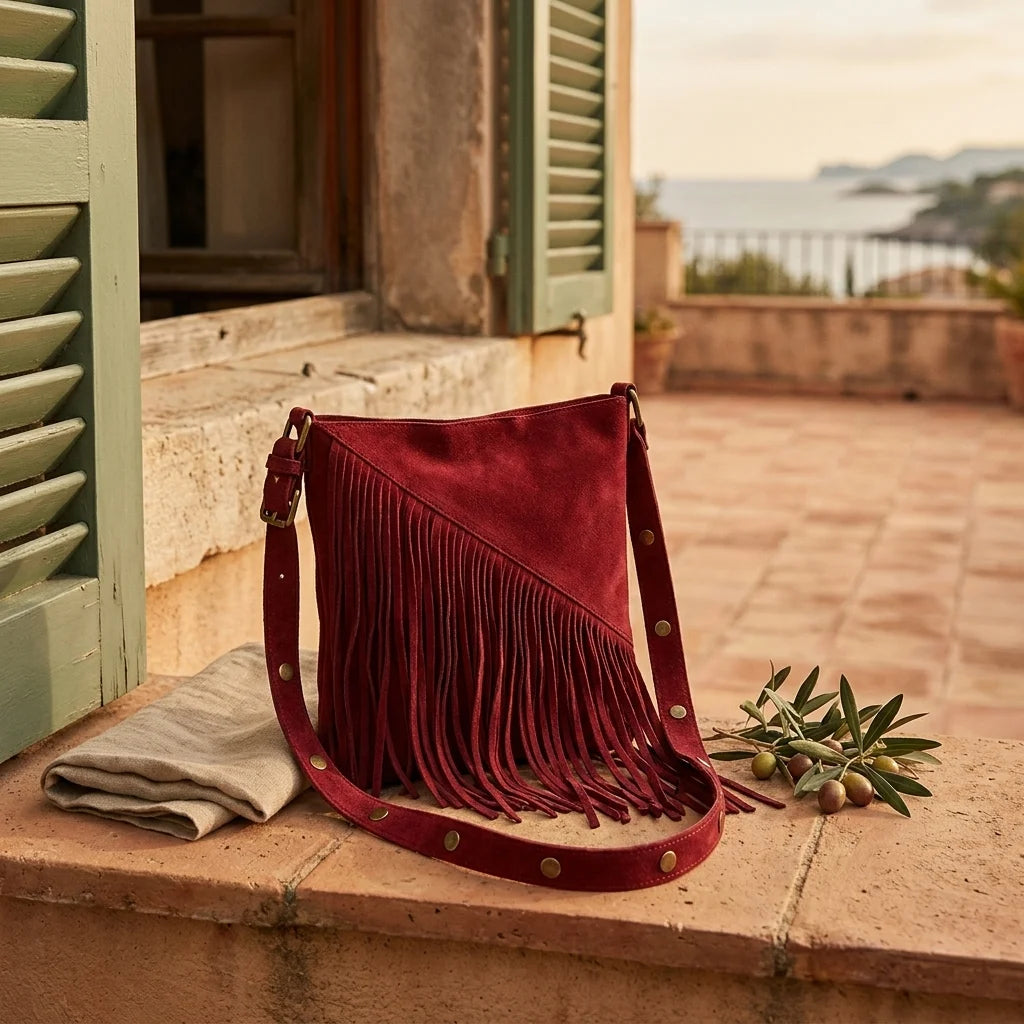 Red fringe suede belt bag styled in a warm Mediterranean setting