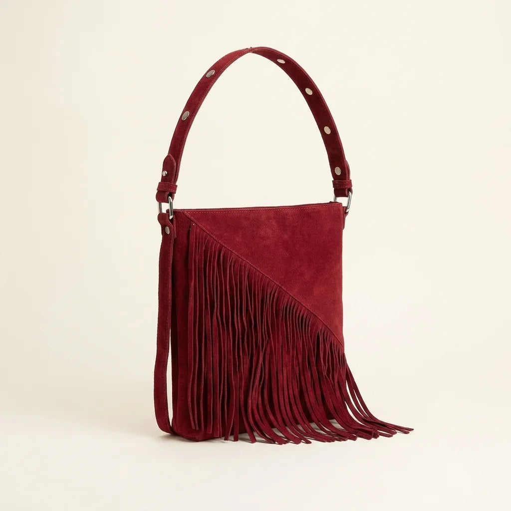 Red fringe suede belt bag, three-quarter angle showing side depth