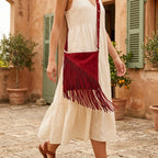 Woman wearing Red fringe suede belt bag with swaying fringe