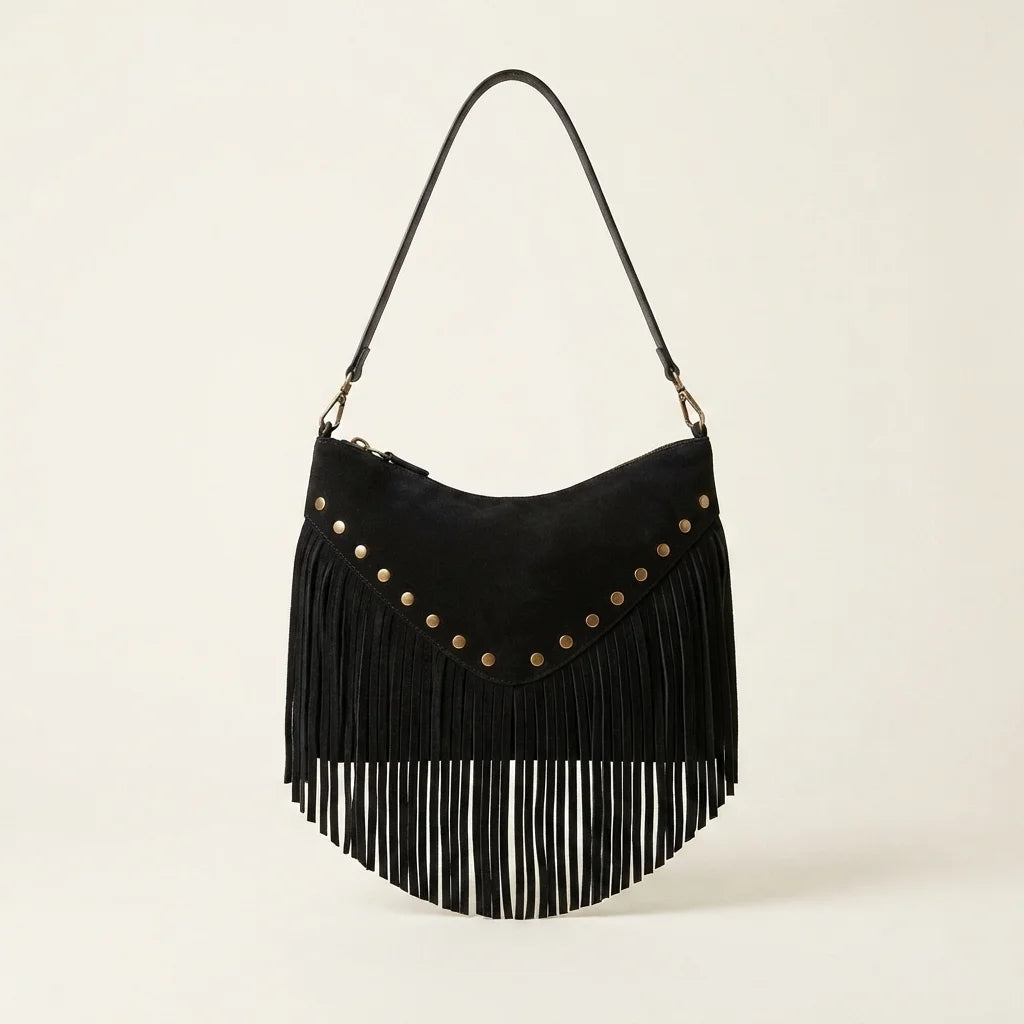 Black fringe tassel crossbody bag, front view