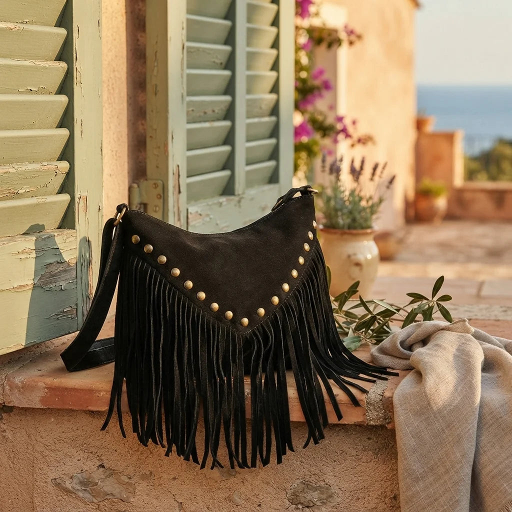 Black fringe tassel crossbody bag styled in a warm Mediterranean setting