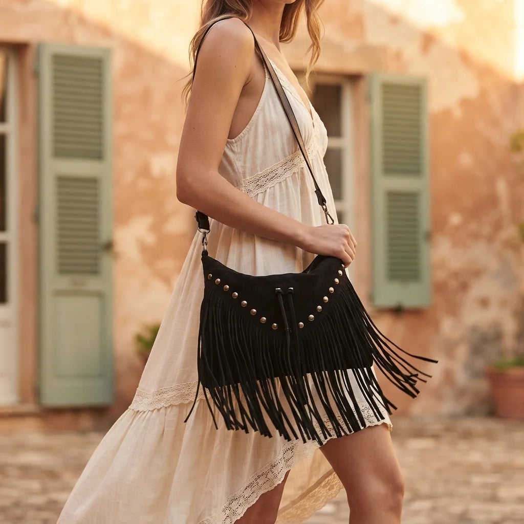 Woman wearing Black fringe tassel crossbody bag with swaying fringe