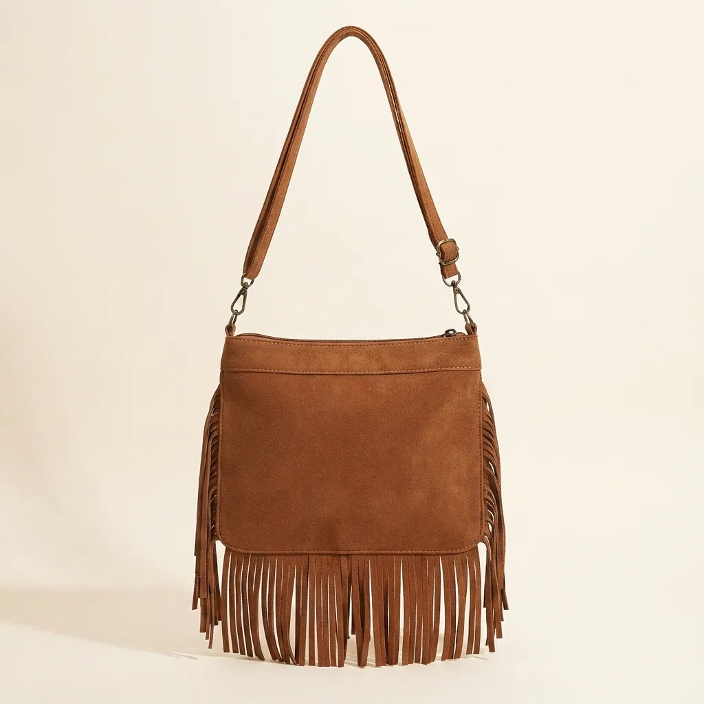 Back panel of Brown fringe tassel crossbody bag with strap attachments