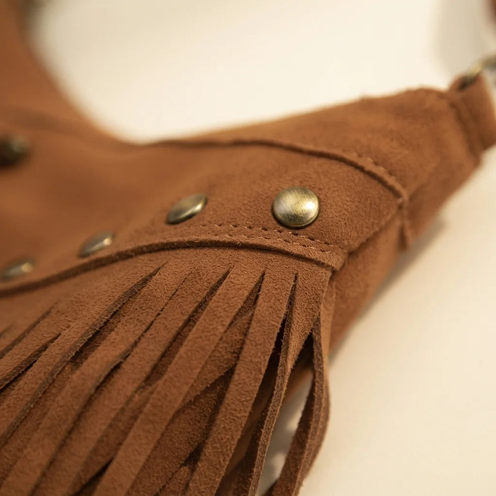 Close-up of fringe stitching and texture on Brown fringe tassel crossbody bag