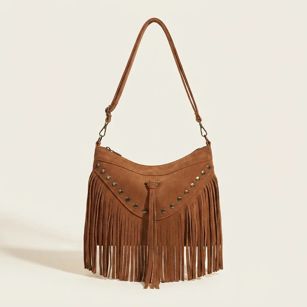 Brown fringe tassel crossbody bag, front view