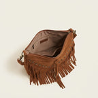 Interior lining and pockets of Brown fringe tassel crossbody bag