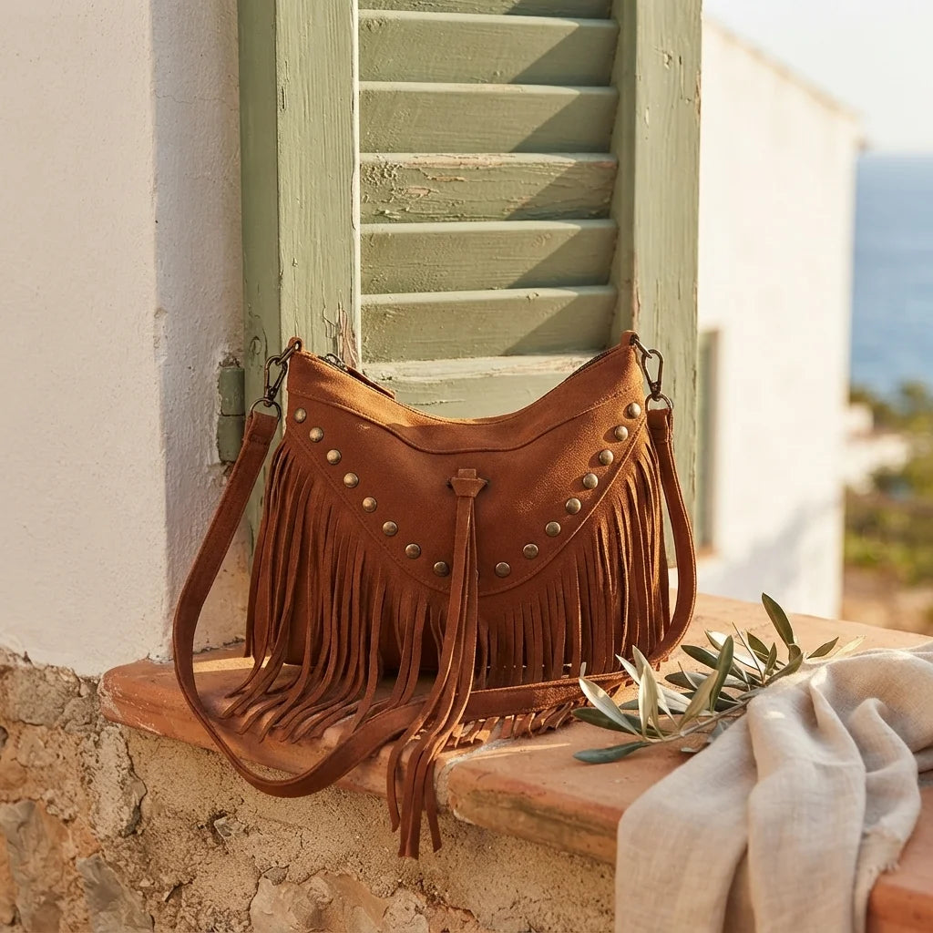 Brown fringe tassel crossbody bag styled in a warm Mediterranean setting