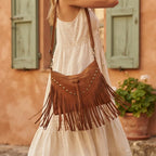 Woman wearing Brown fringe tassel crossbody bag with swaying fringe