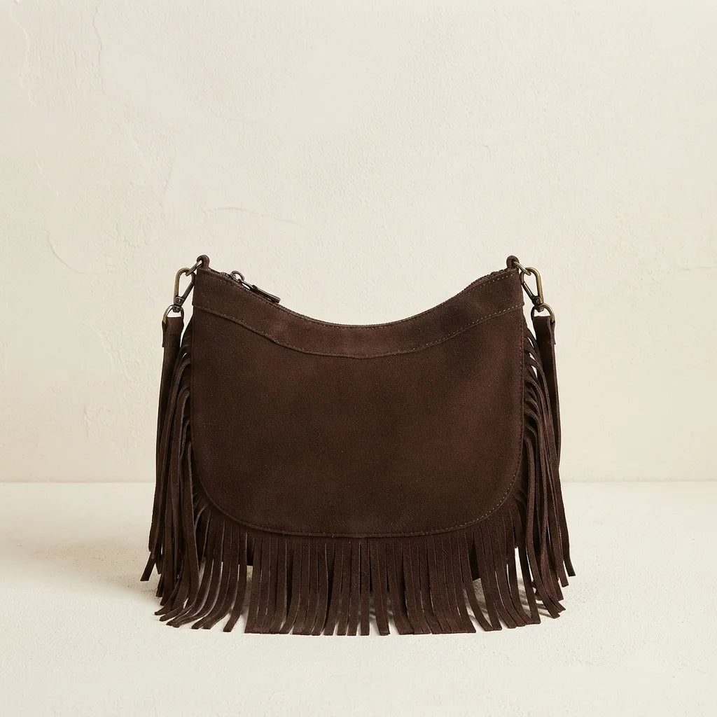 Back panel of Coffee fringe tassel crossbody bag with strap attachments