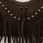 Close-up of fringe stitching and texture on Coffee fringe tassel crossbody bag