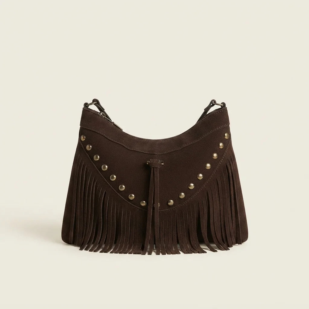Coffee fringe tassel crossbody bag, front view