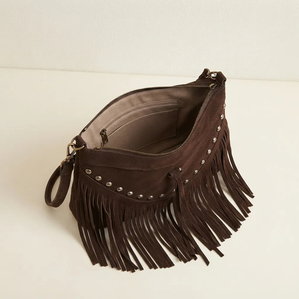 Interior lining and pockets of Coffee fringe tassel crossbody bag