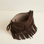 Interior lining and pockets of Coffee fringe tassel crossbody bag