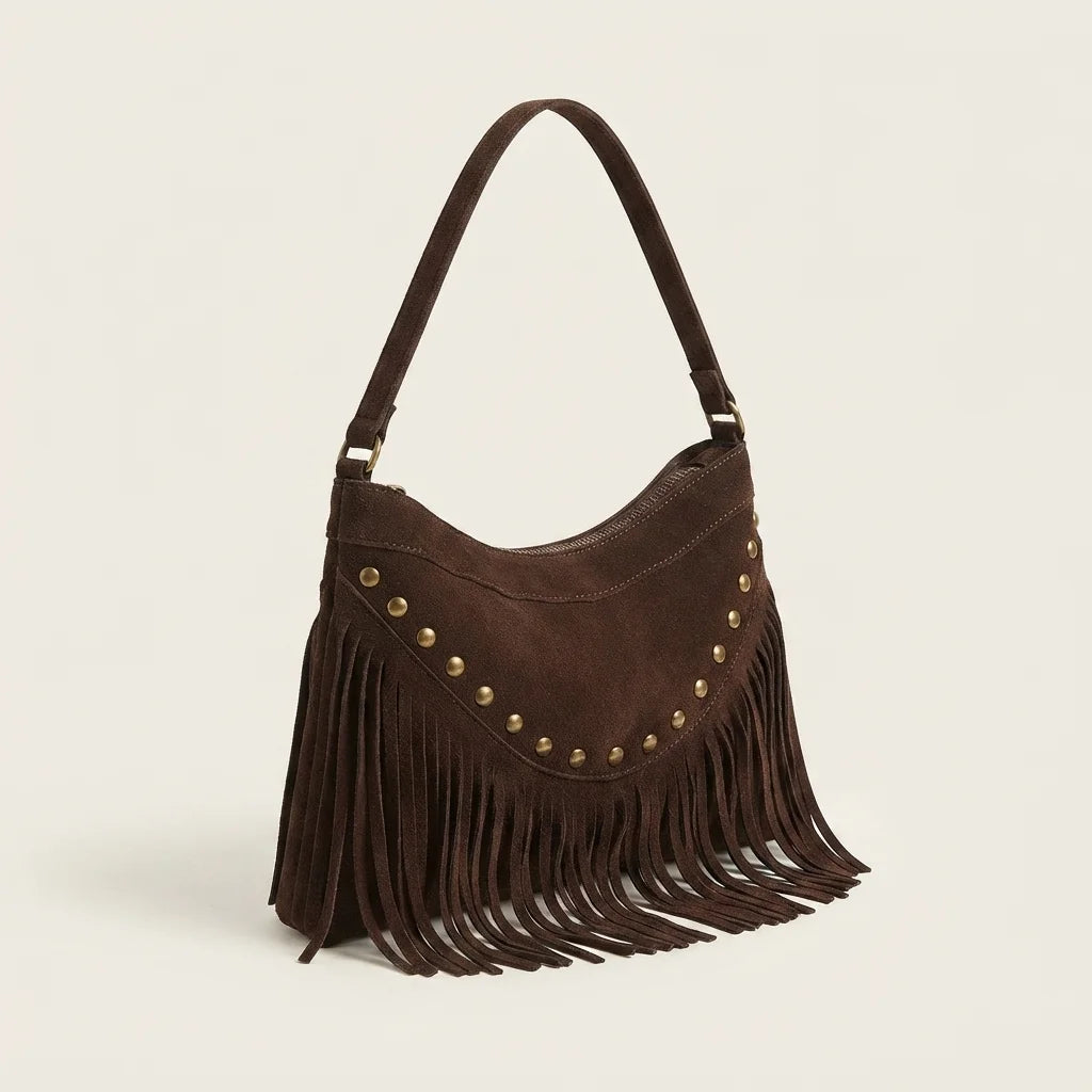 Coffee fringe tassel crossbody bag, three-quarter angle showing side depth