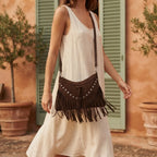 Woman wearing Coffee fringe tassel crossbody bag with swaying fringe