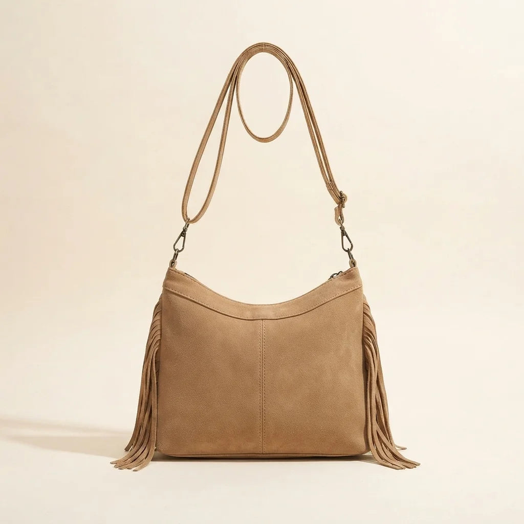 Back panel of Khaki fringe tassel crossbody bag with strap attachments