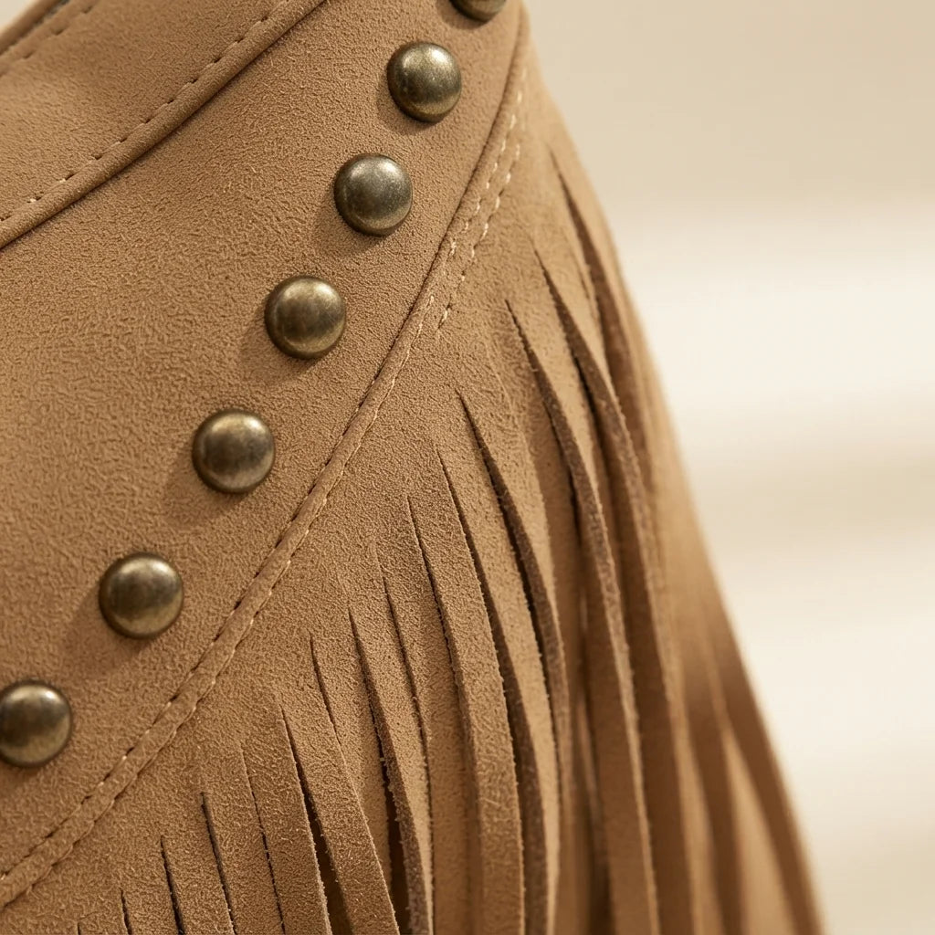 Close-up of fringe stitching and texture on Khaki fringe tassel crossbody bag