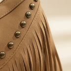 Close-up of fringe stitching and texture on Khaki fringe tassel crossbody bag