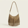 Khaki fringe tassel crossbody bag, front view