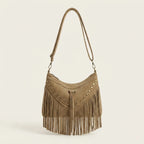 Khaki fringe tassel crossbody bag, front view